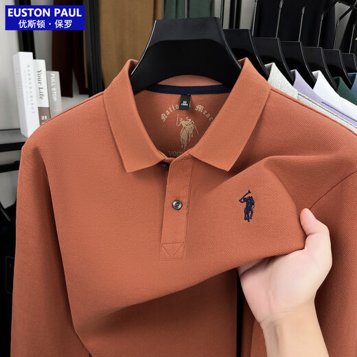 EUSTON PAUL Authentic Autumn New 100% Cotton Men's Long-Sleeved T-Shirt High-end Lapel Embroidery Versatile POLO Shirt for Young and Middle-aged People Black 2XL (54) Weight 155-170Jin Jin is equal to 0.5 kg