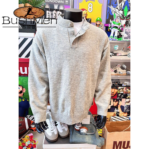Bushman American retro Henry V-neck sweater for men, autumn and winter loose lazy style sweater cleanfit with long sleeves inside, light gray, upgraded style, 90% of buyers choose 2XL