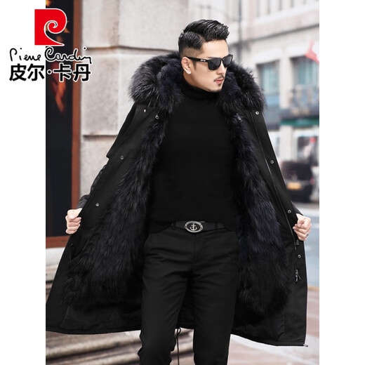Pierre Cardin parka men's mid-length imitation mink lining cotton coat detachable imitation mink coat jacket winter black large length L
