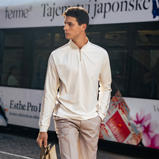 Mr. Cloth half zipper stand collar long sleeve T-shirt men's 2025 autumn and winter new men's clothing casual sports simple style long sleeves BT16869 Ivory white M (170)