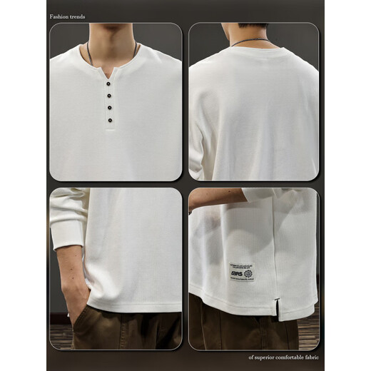 Spring and Autumn New 2025 Pure Cotton Henley Collar Men's Sweater Loose Long Sleeve T-Shirt American Top White Bottoming Shirt BN201 White Velvet L Suitable Weight 130-145Jin Jin is equal to 0.5 kg