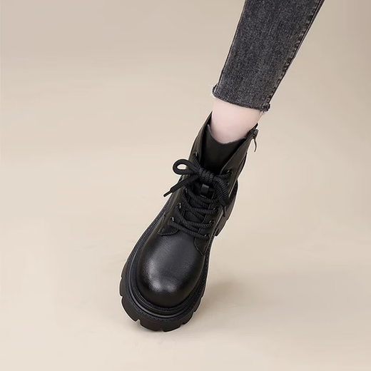 Woodpecker Leather Martin Boots Women's 2025 Autumn and Winter New British Style Versatile Small Leather Shoes Thick Sole Heightening Slim Short Boots Women Black 37 (235mm)