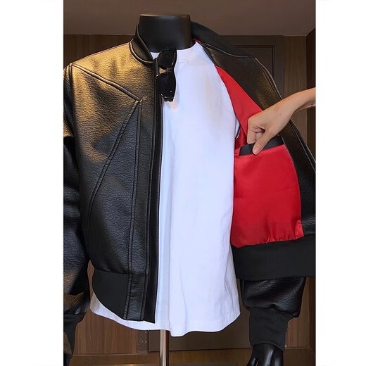 Jufeng American deconstructed short leather jacket men's high-end handsome motorcycle baseball uniform trendy brand workwear bomber jacket black quality upgrade XL 130-150Jin Jin equals 0.5 kg can be worn