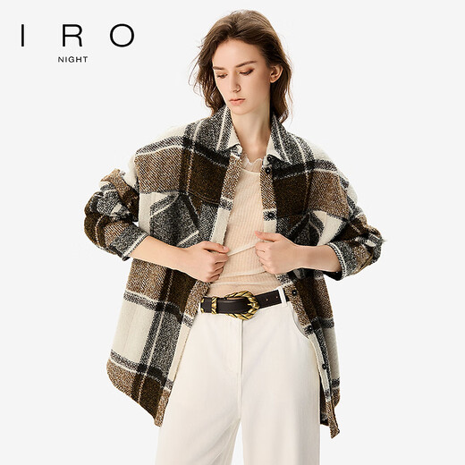IRO NIGHT Brown Plaid Shirt Wool Jacket Straight Sheep Wool French Light Luxury 25 Autumn New Khaki Plaid XXS