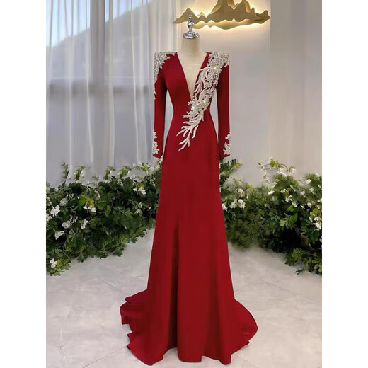 Xiaohanlu Dress Evening Wear Red Host Evening Dress Light Luxury Vocal Speech Contest Solo Performance Wear Red S (size is small, refer to the size chart)