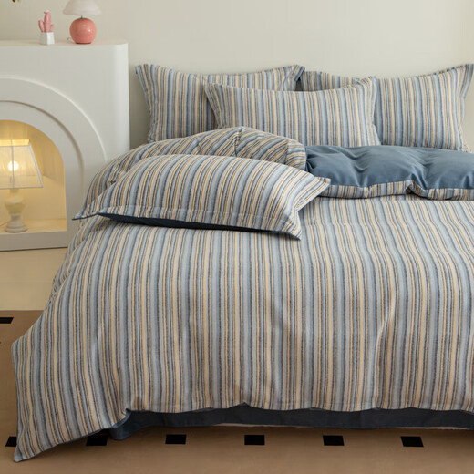 High-end home new thickened pure cotton brushed four-piece set 100% cotton spring, autumn and winter bed sheets, quilt covers and fitted sheets, Ellen-Blue, comfortable and skin-friendly bed sheets, 1.8 four-piece set-quilt cover 200x230