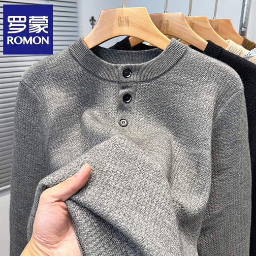 ROMON all-in-one velvet plus velvet thickened sweater men's winter middle-aged casual henley collar pullover knitted bottoming sweater to keep warm gray plus plush L 170