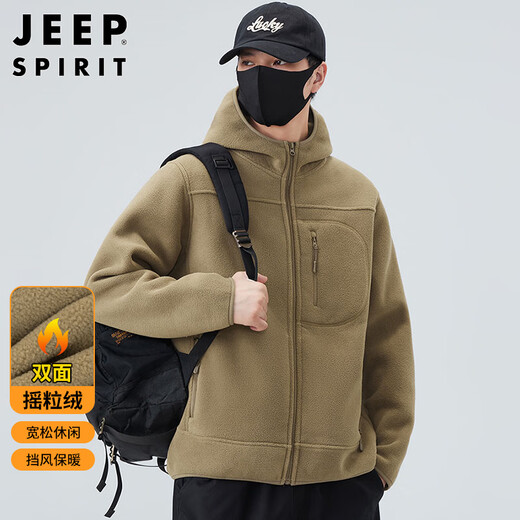 JEEP SPIRIT Jeep jacket men's autumn and winter trendy loose double-sided polar fleece hooded jacket men's top Khaki XL