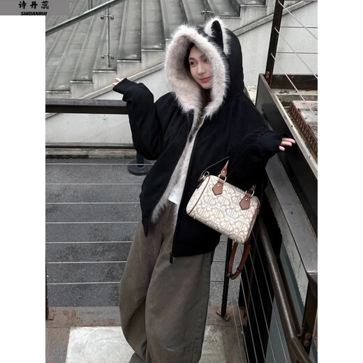 Dangrui American retro mountain carving black hooded fur collar coat for women winter thickened warm jacket cotton coat down jacket black one size fits all Please note the size