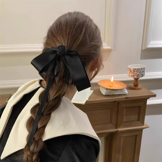 Xiao Panda French gentle rose bow ribbon hairpin half-tied hair on the back of the head 2025 new spring clip feel 4# black ribbon hairband