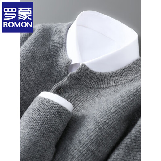 ROMON 100 pure wool sweater men's autumn and winter round neck pullover loose Henry collar sweater casual business thickened sweater white S 100-120Jin Jin equals 0.5 kg