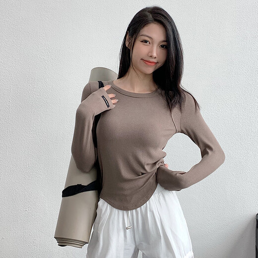 KEJIMITAO European and American ins sports long-sleeved T-shirt women's round neck yoga clothes slim fit breathable fitness Pilates quick-drying top hemp gray S recommended (85-98Jin Jin equals 0.5 kg)