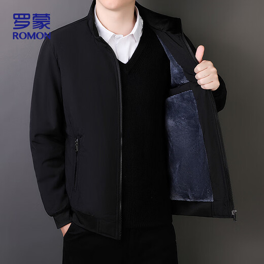 ROMON Jacket Men's Autumn and Winter Business Executive Casual Jacket Stand Collar Plus Velvet Thickened Dad Clothes MK19 Black XL