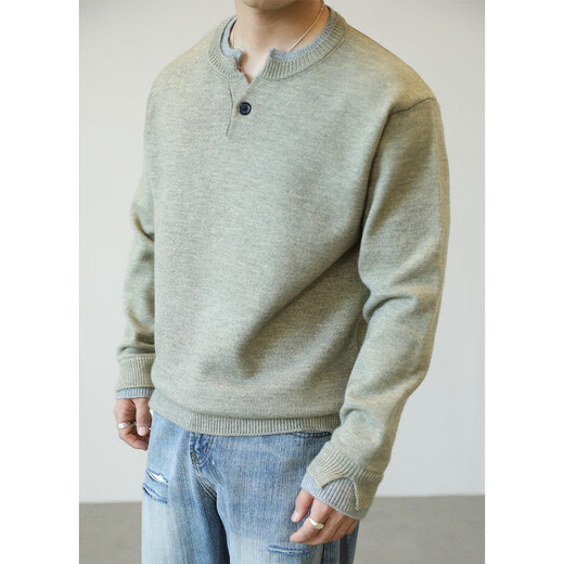 Kuraishi Kazuki trendy brand old money retro Henry collar sweater men's 2025 autumn and winter fashion versatile casual warm top light gray M