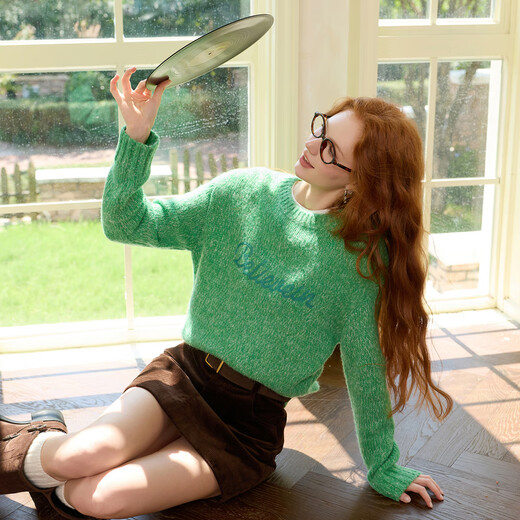 Sancai 2025 Winter New Loose Shoulder Sleeve Letter Embroidered Sweater Round Neck Pullover Sweater Top M Apple Green Pre-sale Shipment within 15 days of payment S 155/80A