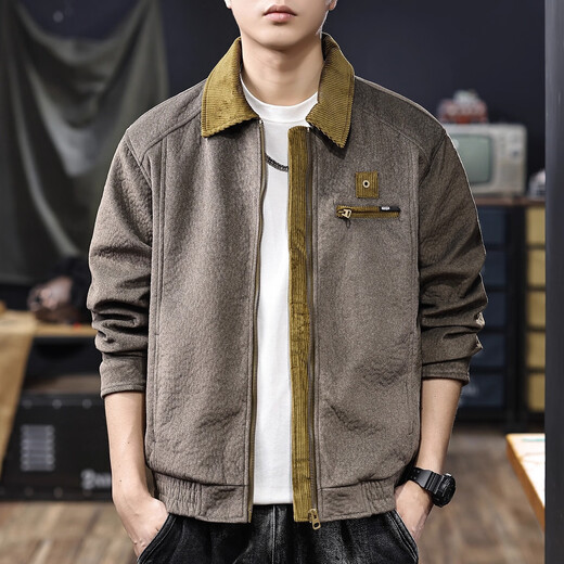 JEEP SPIRIT Jeep High-End Heavy Wool Contrast Lapel Casual Jacket Men's 2025 Autumn Loose American Jacket Men Military Green XL Suitable for 145-160Jin Jin equals 0.5 kg