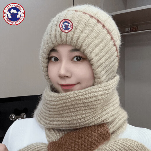 TUTORGOOSE autumn and winter color-blocked hat scarf 2025 new velvet thickened knitted fashion versatile all-in-one anti-wind and snow ear protection hat linen color