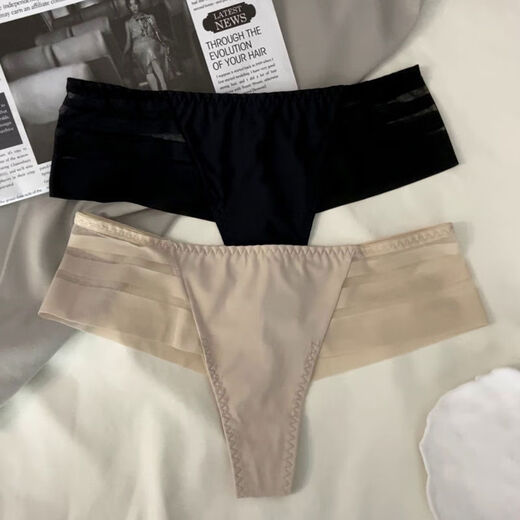 Lace Ice Silk Seamless Thong Women's Striped Splicing One Piece Sports and Fitness Seamless Thong Black M