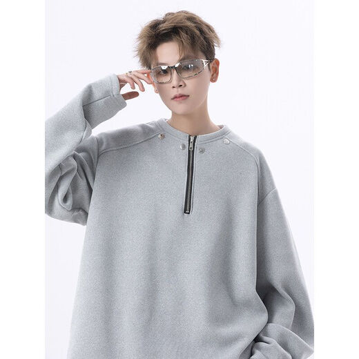 American black rivet half-zip right shoulder sweatshirt men's henley collar long-sleeved T-shirt heavy base layer gray 2XL