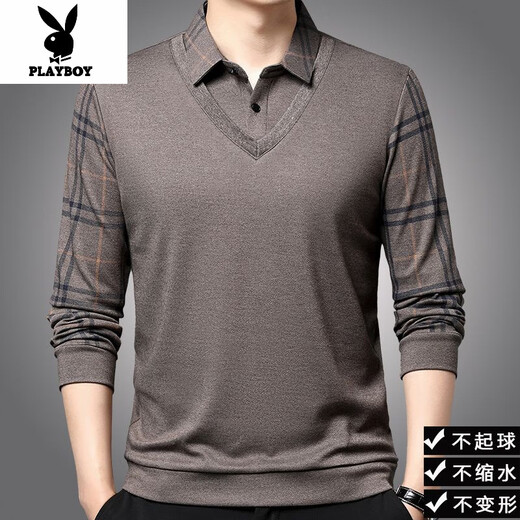 Playboy (PLAYBOY) wool long-sleeved T-shirt fake two-piece sweatshirt men's knitted bottoming shirt collar middle-aged men's gray plaid 2511 S 165/48 suitable for 110Jin Jin equal to 0.5 kg or less