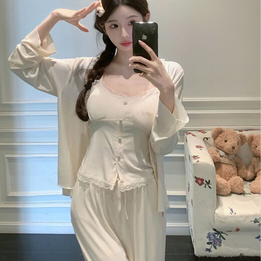 Modal 2025 spring and autumn new Modal cotton pajamas for women's suspender long-sleeved three-piece set fairy style home clothing internet celebrity gray (7374) M