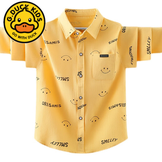 G.duck children's long-sleeved smiling face shirt boys' spring and autumn pure cotton shirt for middle-aged and primary school students pure cotton with pockets fashionable bear blue 150 cm