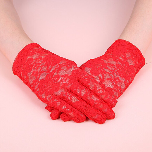 Qingxin new bride wedding lace red white wedding gloves bride wedding dress cheongsam wedding short long gloves long and short embroidered lace wedding dress gloves photo studio photo lace short red gloves 1 pair