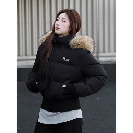 Luyal American autumn and winter short fur collar down cotton coat for women, waist slimming, high-end cotton coat for small people, cotton-padded jacket, black M