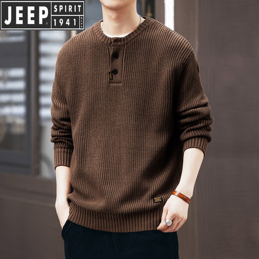 JEEP SPIRIT Jeep American retro knitted Henry sweater lazy style autumn and winter thickened vertical striped workwear pullover sweater for men Khaki S suitable for 90-110Jin Jin equals 0.5 kg