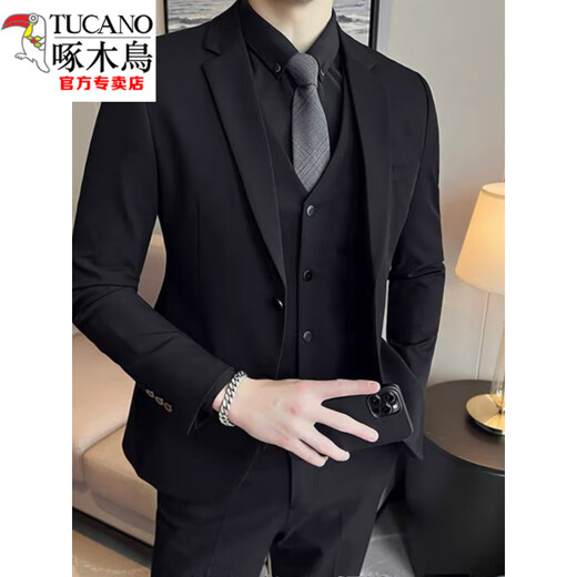 Woodpecker (TUCANO) Spring and Autumn Black Slim Suit Men's Business Casual Korean Style Small Suit Men's Wedding Dress Set Black + White Shirt [Tie] M