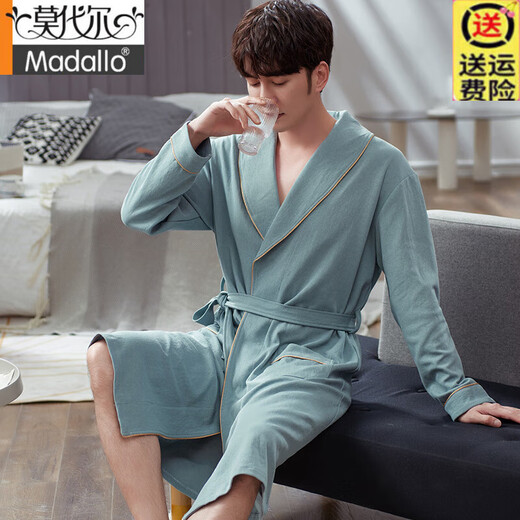 莫代尔华夫格浴袍男款春秋季纯棉中长款男士睡袍2025新款吸水一体式浴衣 LJ16822 M 【体重100-120斤】