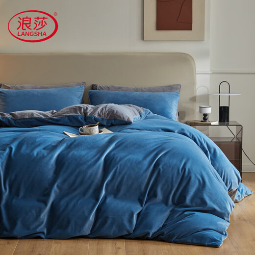 Langsha's new type A baby velvet Dove velvet baby velvet milk velvet French velvet solid color four-piece set plus velvet thickened bedding Blue blue + Nordic gray bed sheet style 1.2m three-piece set