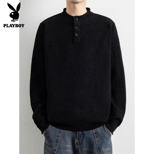 Playboy (PLAYBOY) three-button American Henry collar pullover sweater for men, autumn and winter 2025 new door tube collar bottoming shirt, dark gray M, weight range 90-115Jin Jin is equal to 0.5 kg