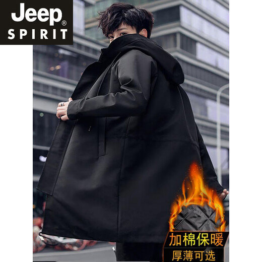 JEEP SPIRIT2025春秋男士风衣中长款外套薄款秋冬夹棉加厚黑色大码宽松大衣 黑色春秋款 常规 M 宽松偏大100~130斤