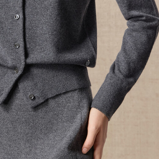 Ordos 1980 pure cashmere round neck casual commuting kitten embroidery women's cashmere cardigan autumn and winter dark gray XL 170/92A