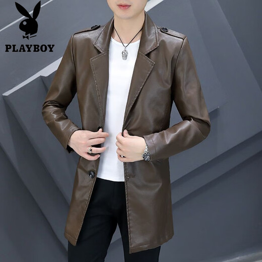 Playboy (PLAYBOY) chaqueta de cuero de longitud media con cuello de traje para hombre, chaqueta de cuero de PU delgada e informal de negocios, chaqueta de traje cortavientos atractiva de color sólido 8810 negro de longitud media 3XL (145-158Jin Jin equivale a 0,5 kg)