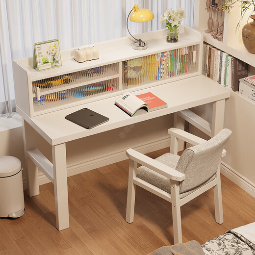 Huixun solid wood desk and bookshelf integrated home bedroom large board learning and reading table student writing desk simple computer desk black walnut color #desk + bookshelf 120cm*60cm*75cm total height 109cm