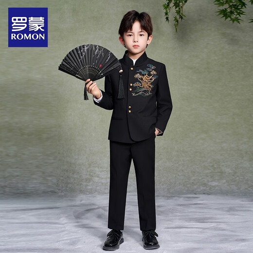 Luo Meng Boys' New Chinese Suit Jacket Tang Suit Chinese Style Tunic Suit Children's Suit Performance Clothing Black 160