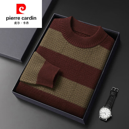 Pierre Cardin brand 100% pure cashmere men's high-end cashmere sweater winter warm round neck pullover color block sweater base layer smoke gray brand gift box packaging L (170) recommended weight 120-140Jin Jin equals 0.5 kg