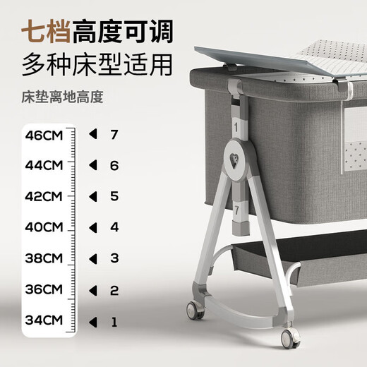 Crib removable cradle bed portable newborn spliced large bed two-in-one foldable multi-functional bb bed high carbon steel-grey s丨mosquito net model memory foam pad storage basket + mosquito net (Cc1)
