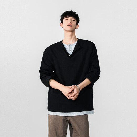 OEMG waffle henley collar fake two-piece long-sleeved t-shirt for men autumn new base top with 280g heavy sweater brown XL recommended 110-130Jin Jin equals 0.5 kg