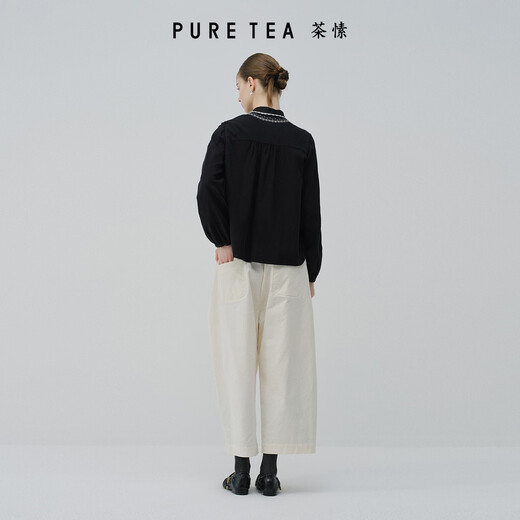 PURE TEA Shopping mall same style puretea tea artistic French stand collar peony flower embroidered shirt for women 2025 winter new graphite black S
