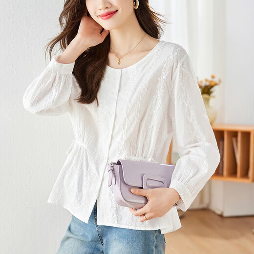 French soft cotton round neck embroidered shirt women's long sleeve autumn new design niche strappy top shirt white M