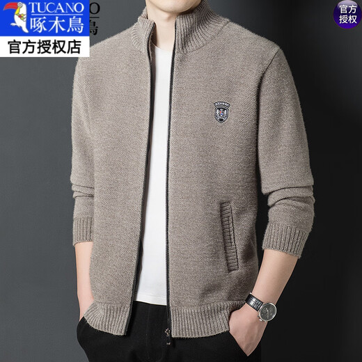 Woodpecker wool cardigan jacket 100% wool autumn and winter men's stand-up collar thickened zipper casual top sweater khaki M 165 recommended 100-120Jin Jin equals 0.5 kg