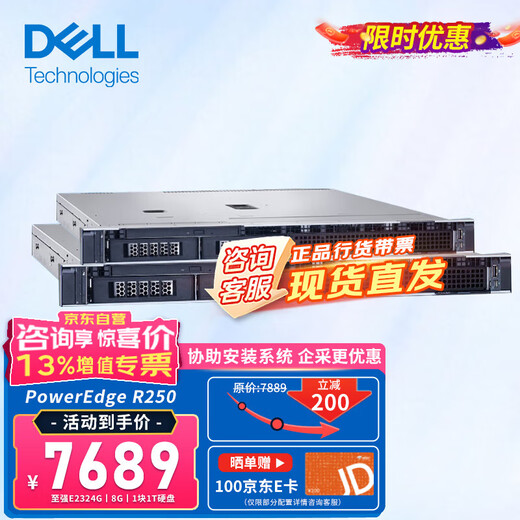 戴尔（DELL）R250服务器机架式 财务办公ERP打印网络存储电脑 奔腾G6405T 双核 16G丨1T硬盘