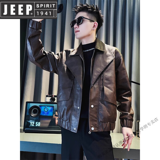 JEEP SPIRIT short leather jacket men's spring and autumn 2025 new single-breasted lapel motorcycle leather jacket trendy men's black M 95-120Jin Jin equals 0.5 kg
