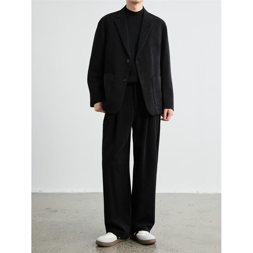 DK men's old money style woolen suit men's autumn and winter loose light mature handsome thick coat casual suit two-piece black suit + pants two-piece set 3XL 160-190Jin Jin equals 0.5 kg within