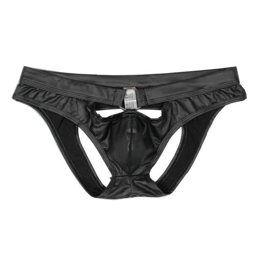 Men's underwear, imitation leather, double thong briefs, sexy patent leather youth stage performance briefs, black M