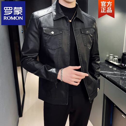 ROMON Thin Slim Leather Jacket Men's Lapel Leather Jacket Trendy Casual Handsome Autumn and Winter Velvet Motorcycle Jacket Men Black Thin M Recommended 100-110 Jin Jin equals 0.5 kg