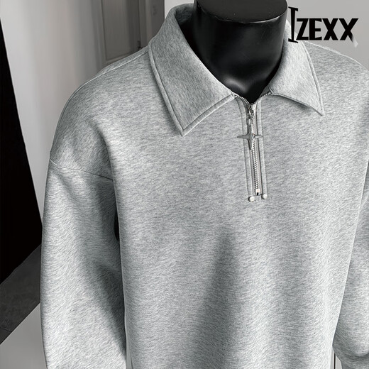 IZEXX half-zip sweatshirt men's spring American loose lapel polo shirt casual top long sleeve JW54 light gray L